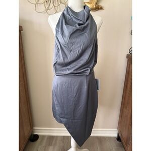 Elliatt Camo Dress L Charcoal Satin Halter Hi Low Revolve NWT Wedding Guest